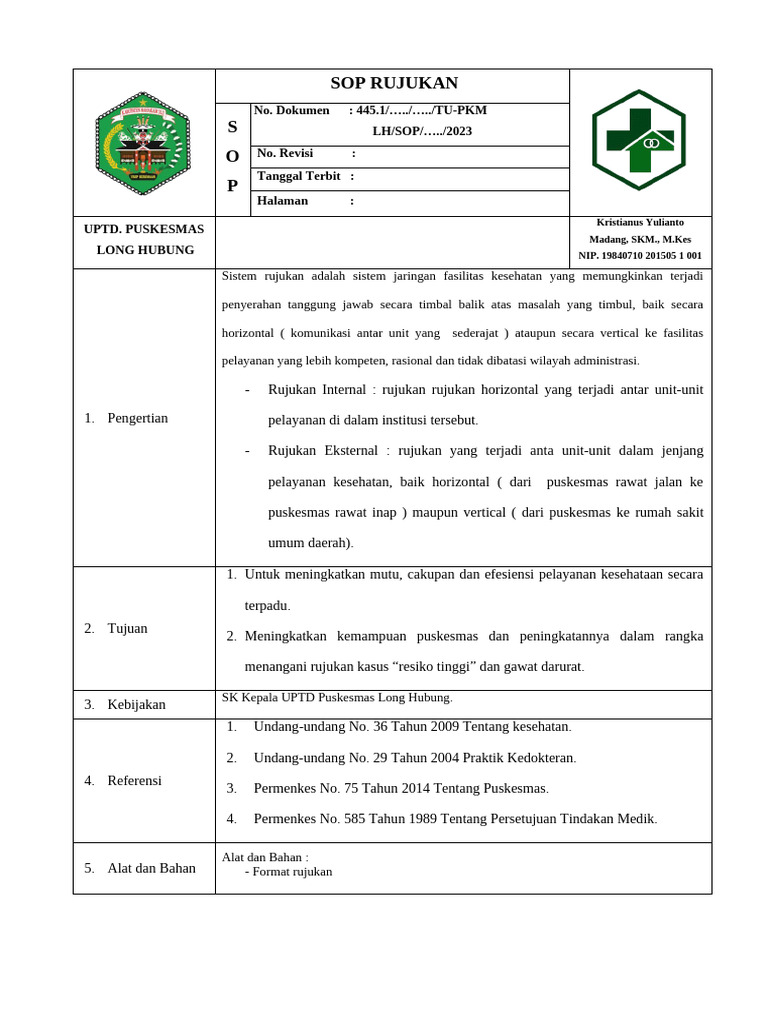 SOP Rujukan Kesehatan Puskesmas Long Hubung | PDF