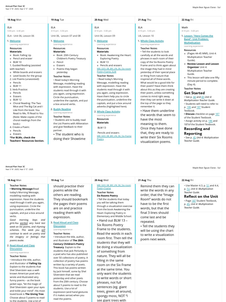 ELA and Math Weekly Lesson Plan | PDF | Poetry