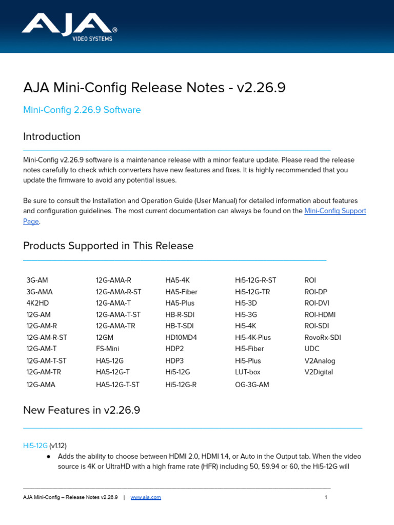 AJA Mini-Config v2.26.9 Release Notes | PDF | Hdmi | Computing
