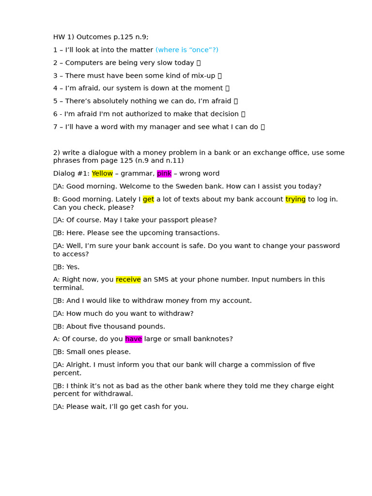Banking Dialogue Practice with Grammar Tips | PDF