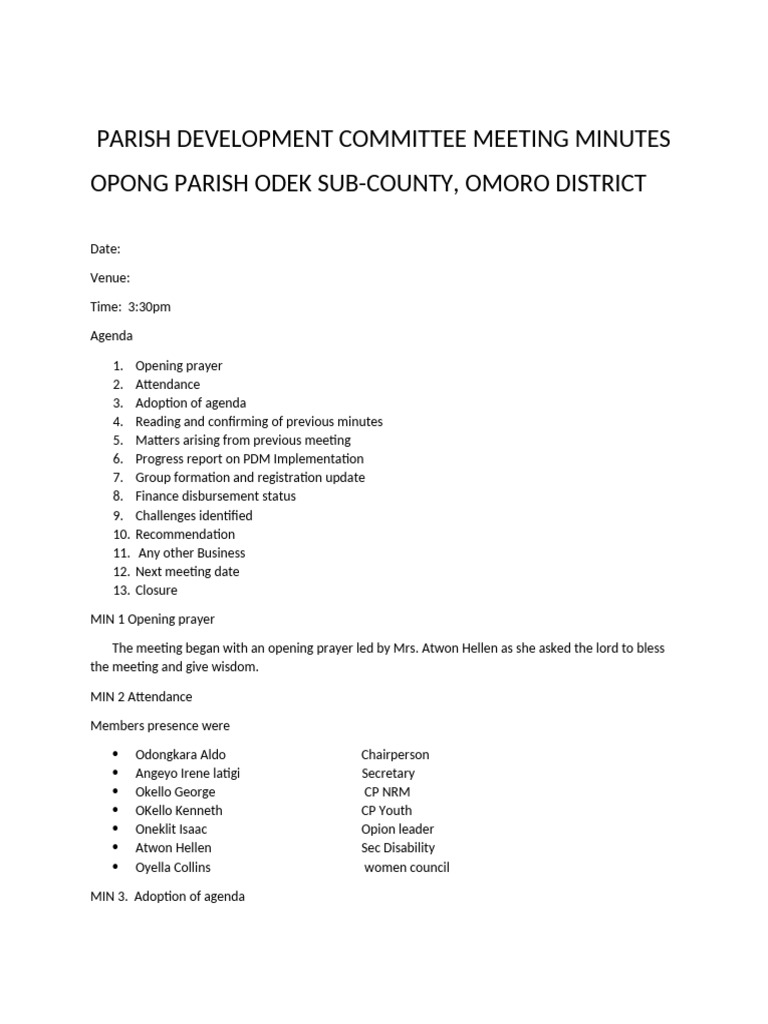 Parish Development Committee Meeting Minutes Opong XXX | PDF