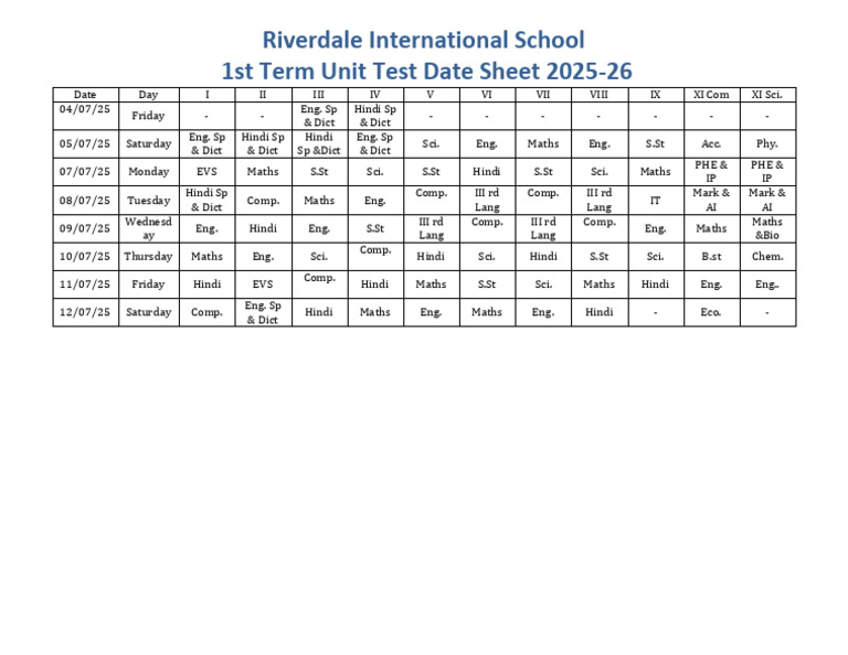 2025 Unit Test Schedule for Riverdale | PDF