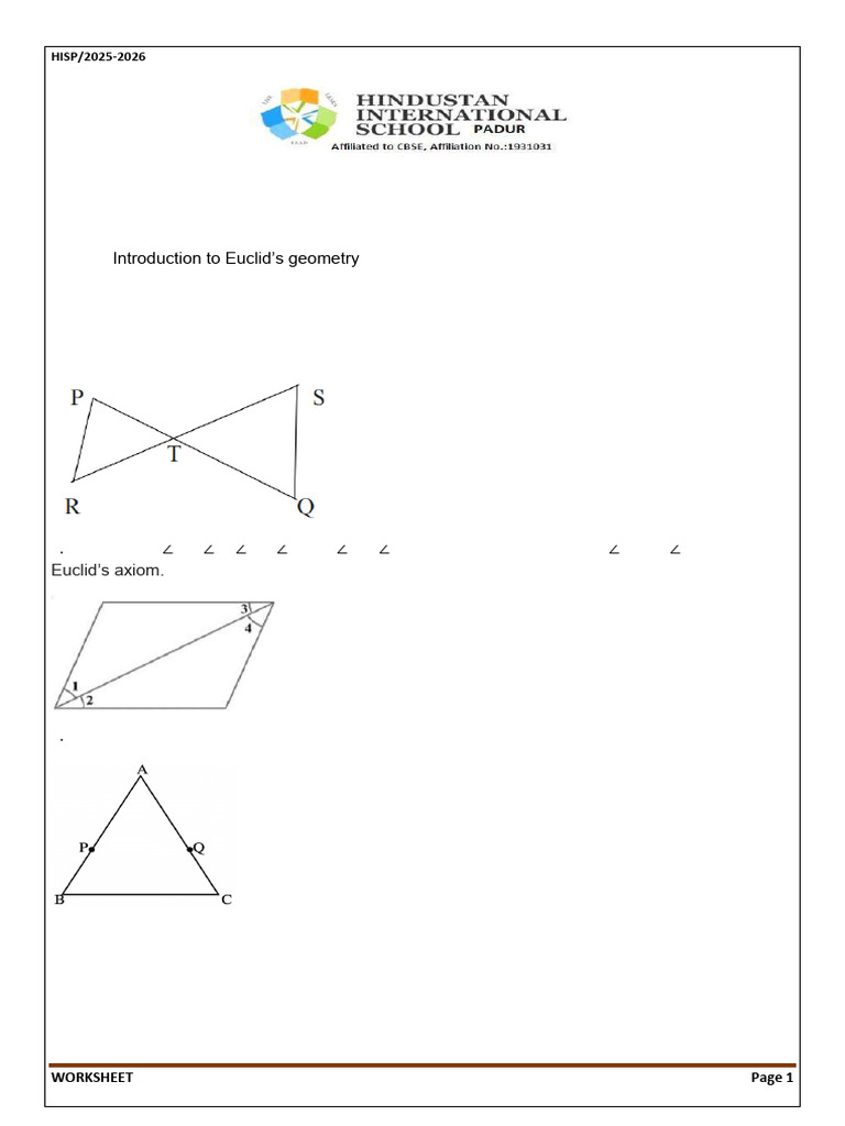 Euclid Geometry Worksheet with Solutions | PDF
