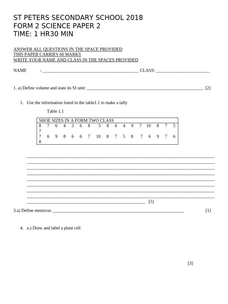 St. Peters Form 2 Science Exam 2018 | PDF