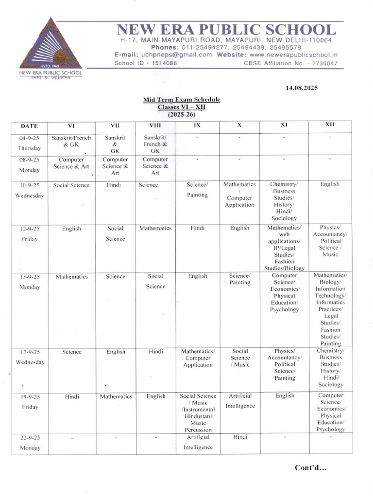 Datesheet Mid Term Exam Schedule-VI-XII | PDF