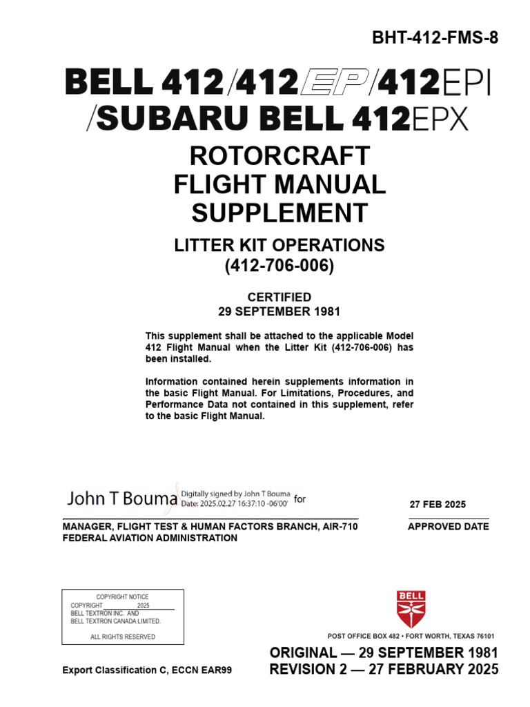 Bell 412 Litter Kit Flight Manual | PDF