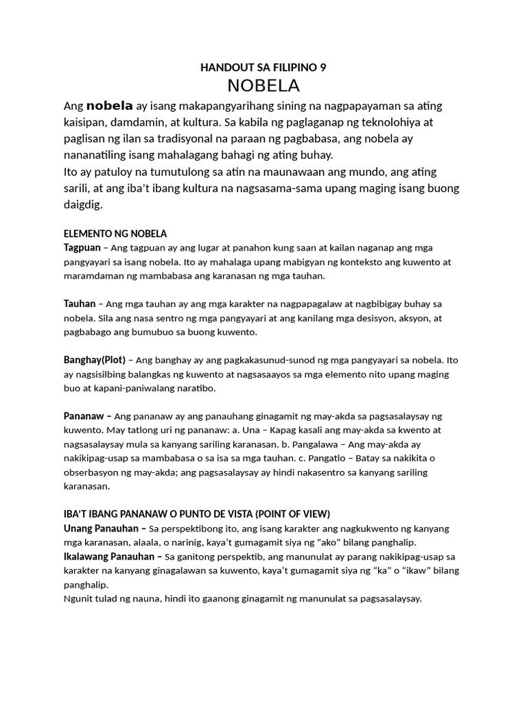 Nobela-Handout Sa Filipino 9 | PDF