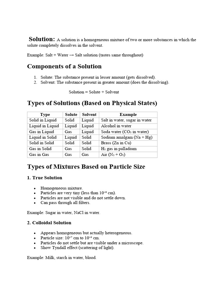 Types and Properties of Solutions Explained | PDF | Colloid | Solubility