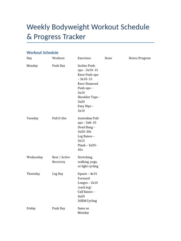 Weekly Bodyweight Workout Plan & Tracker | PDF