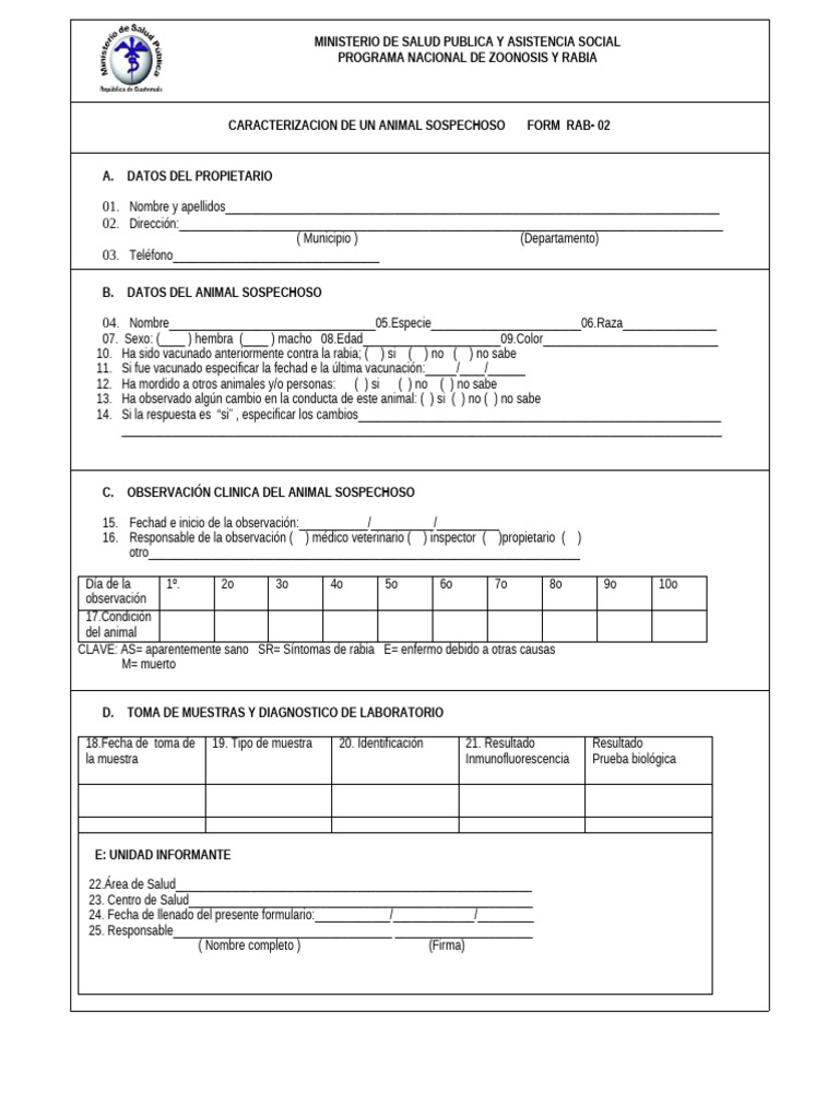Ficha de Accidente Rabico Form RAB-02 | PDF | Enfermedades y trastornos ...