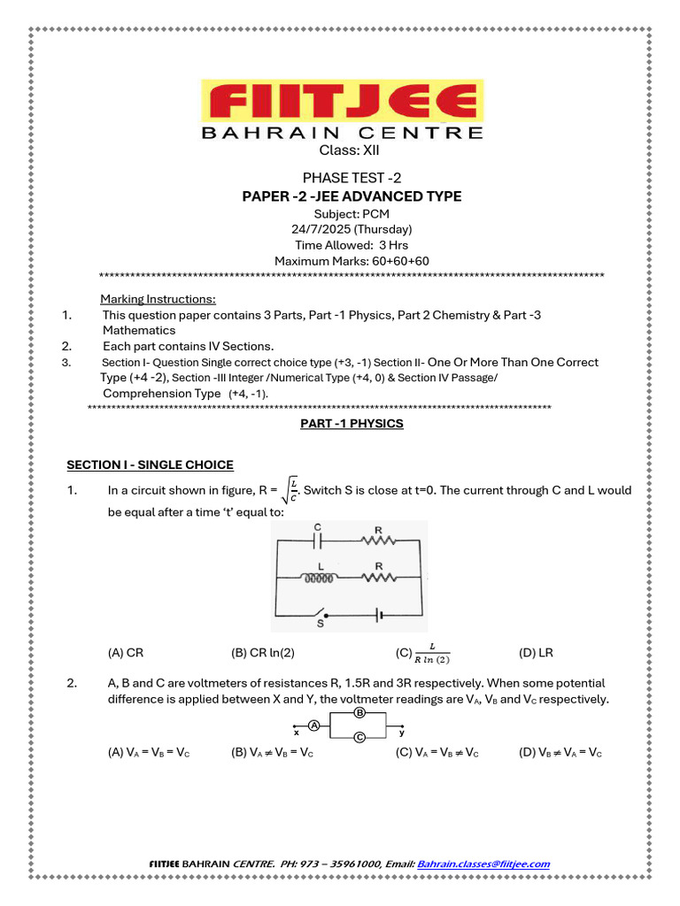 Grade 12 - Jee - Advanced - 25 7 2025 | PDF | Inductor | Series And ...