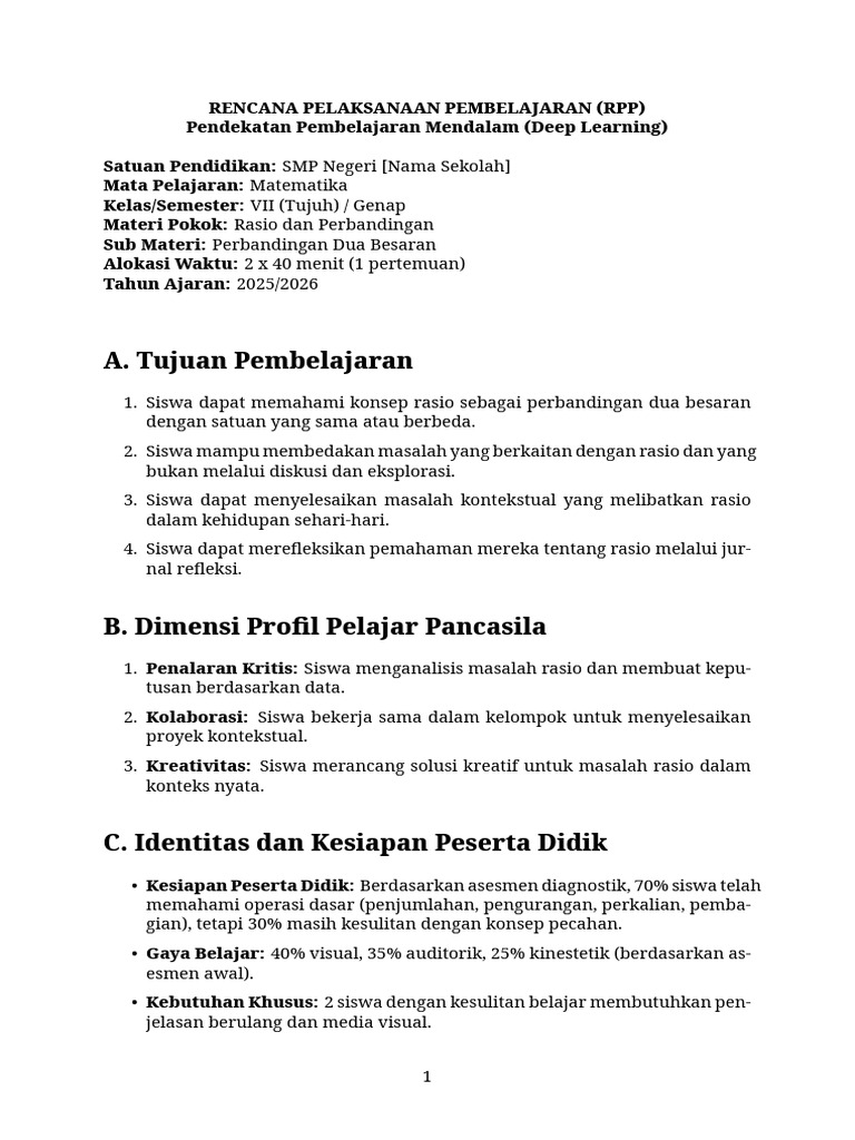 RPP Pembelajaran Rasio Kelas 7 | PDF