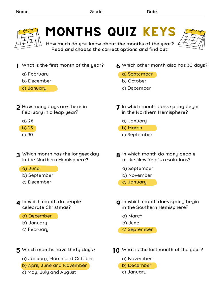 Months of the Year Quiz for Kids | PDF