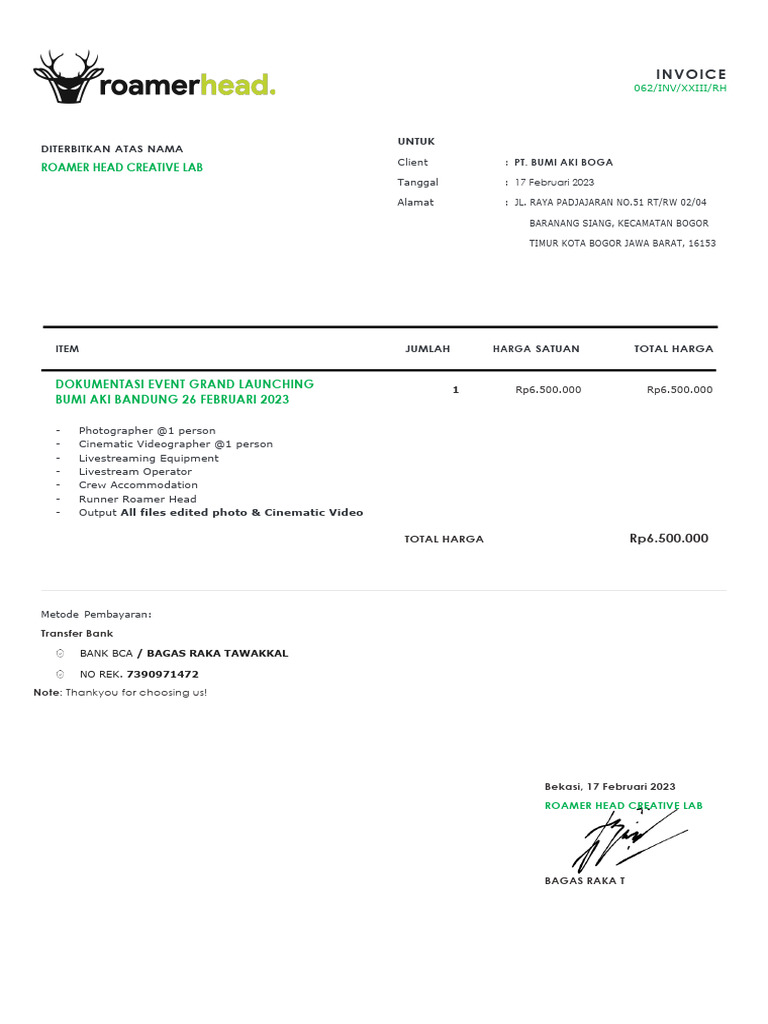 Invoice Dokumentasi Event Bumi Aki | PDF