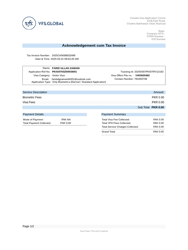 Canada Visa Application Payment Invoice | PDF | Receipt | Passport