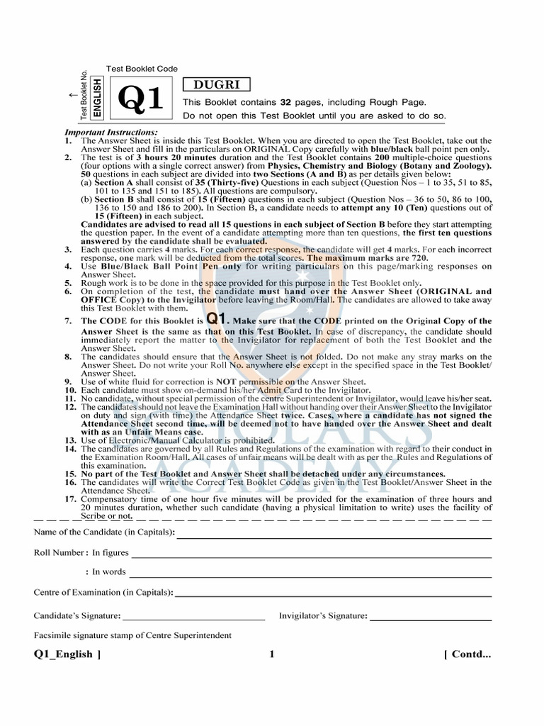 NEET 2024 Question Paper Code Q1 | PDF