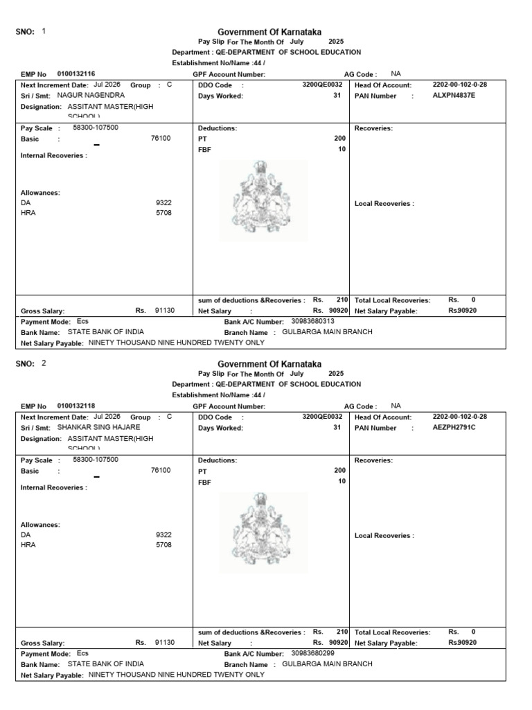 Karnataka School Employee Pay Slips July 2025 | PDF