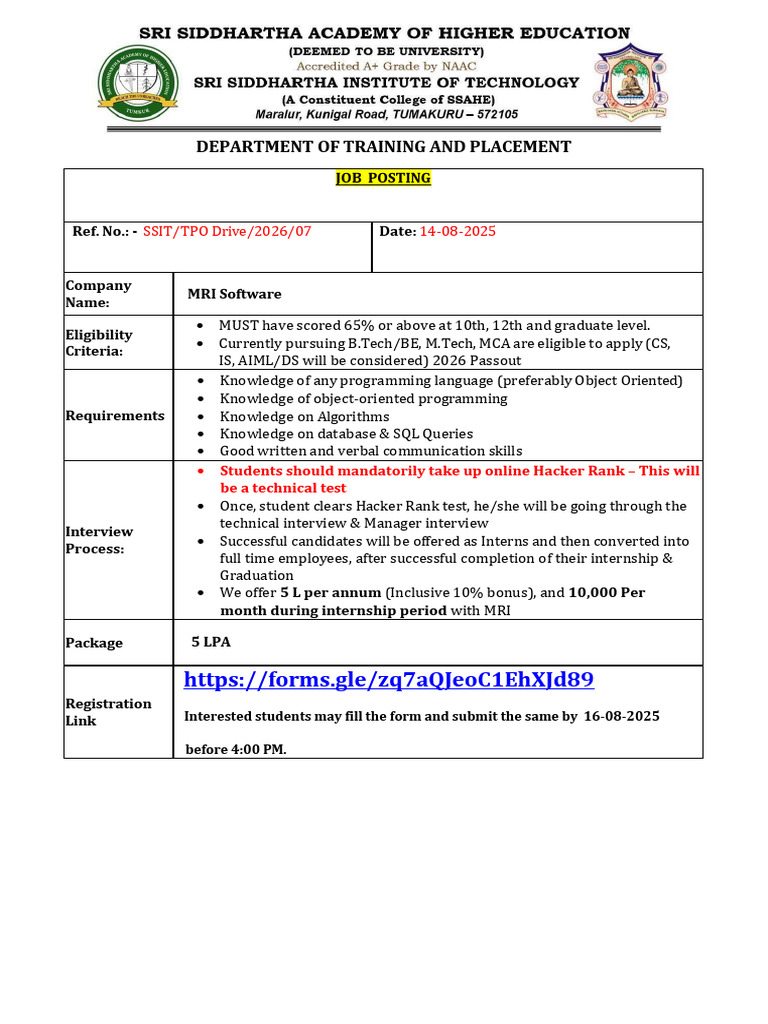 MRI Software Internship Opportunity | PDF