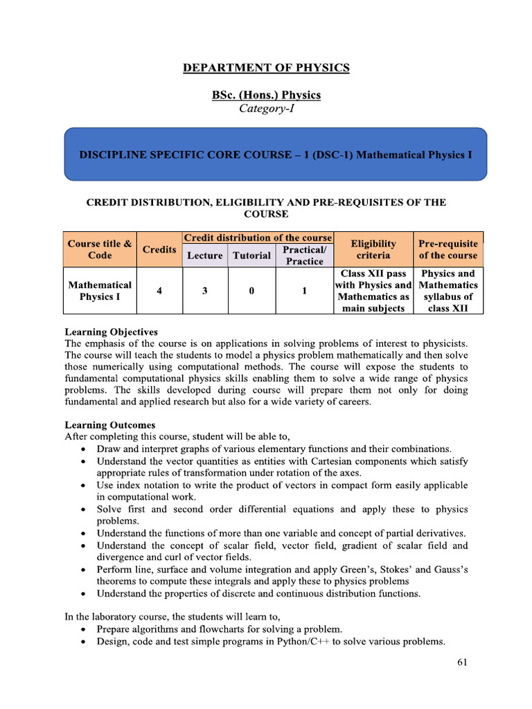 Syllabus PhyH and Physical Sciences Ist Year | PDF