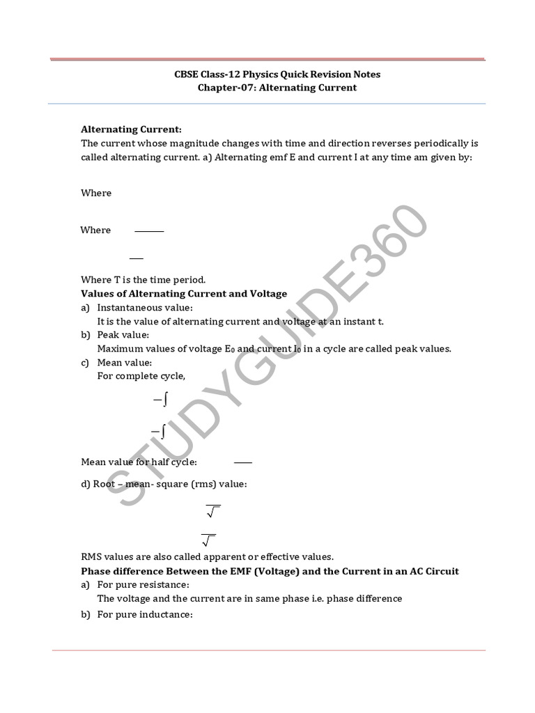Class 12 Physics: Alternating Current Notes | PDF | Resonance | Inductor