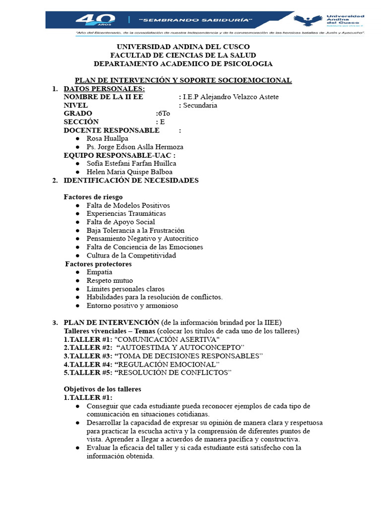 Plan de Intervención y Soporte Socioemocional | PDF | Autoestima | Las ...