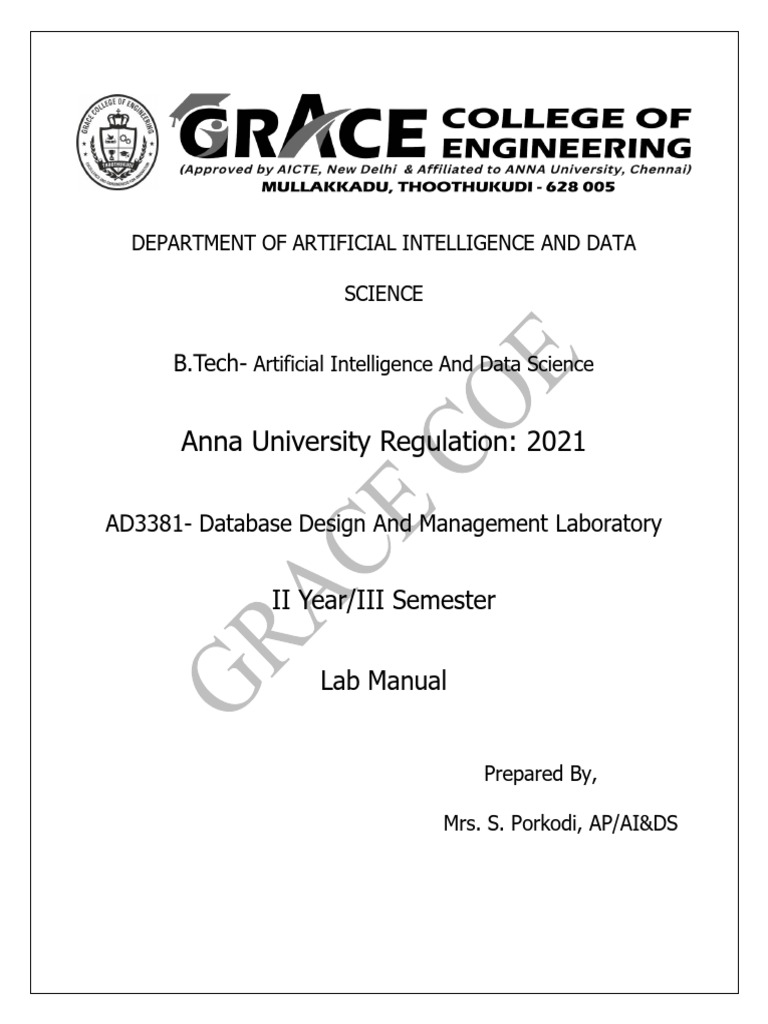 AD3381 Database Lab Manual Guide | PDF | Postgre Sql | Databases