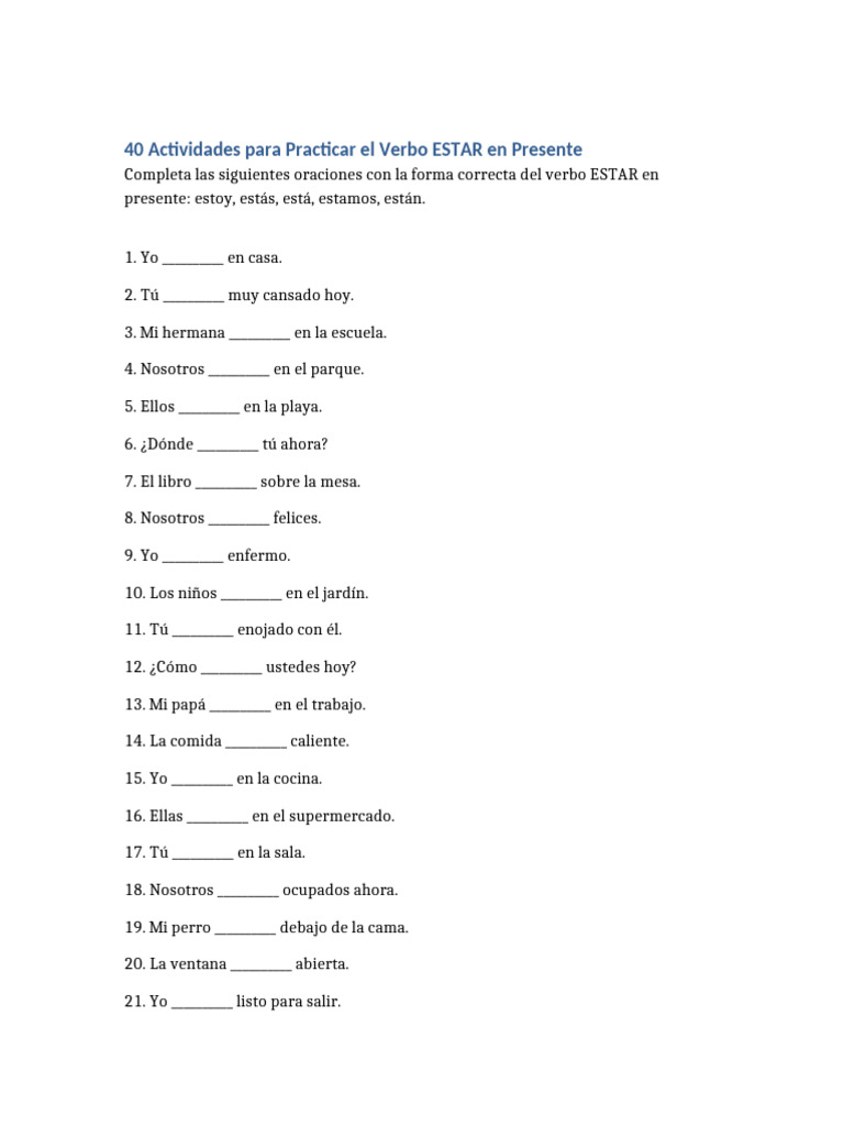 Ejercicios de Verbo ESTAR en Presente | PDF