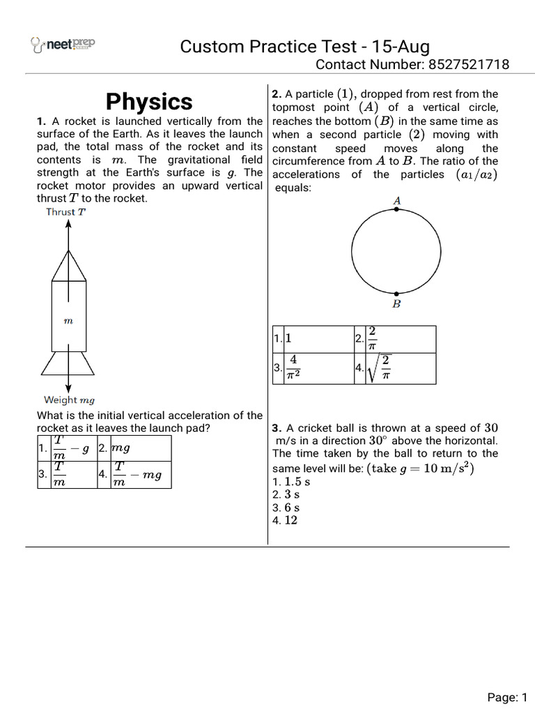 Custom Practice Test 15 Aug | PDF | Atomic Orbital | Force