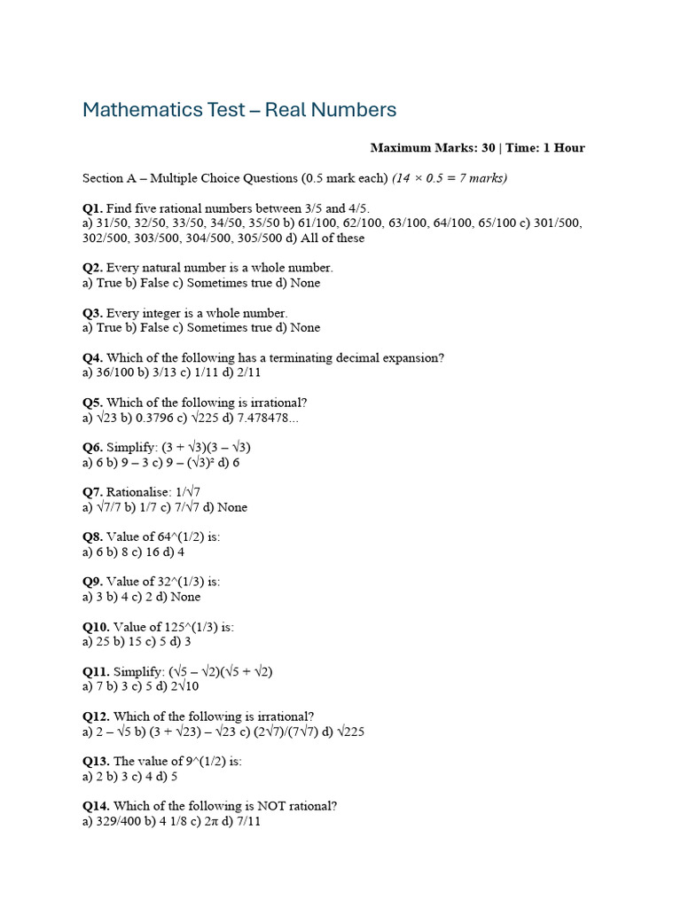 Mathematics Test on Real Numbers | PDF | Numbers | Elementary Mathematics
