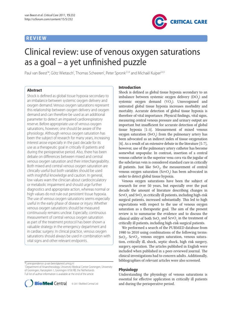 SvO2 and ScvO2 in Sepsis Management | PDF | Sepsis | Shock (Circulatory)