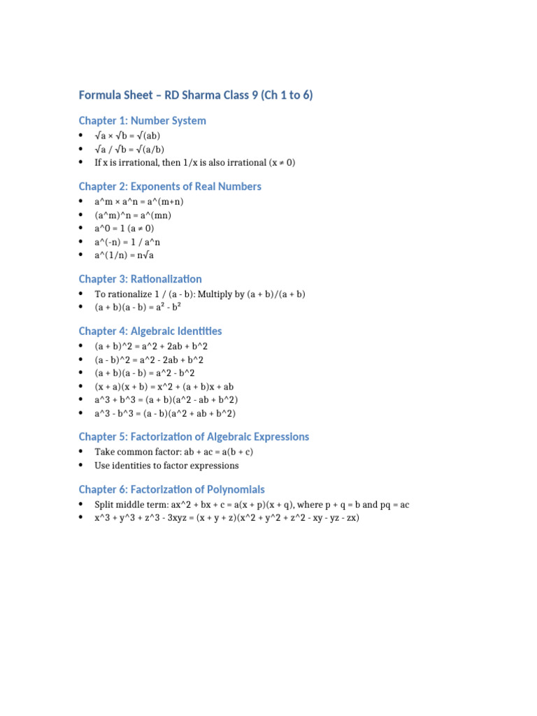 RD Sharma Class 9 Maths Formula Sheet | PDF