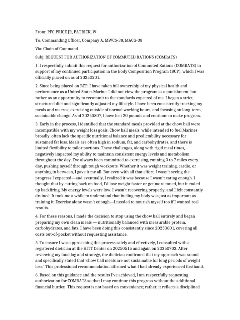 COMRATS Request Naval Letter PFC Price | PDF | Nutrition | Diet & Nutrition