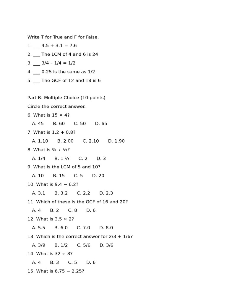 Math Assessment Worksheet | PDF