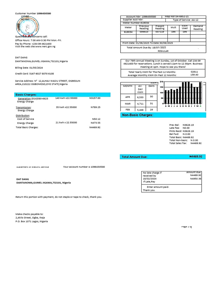 Electric Service Statement for Customer 1096430580 | PDF | Payments