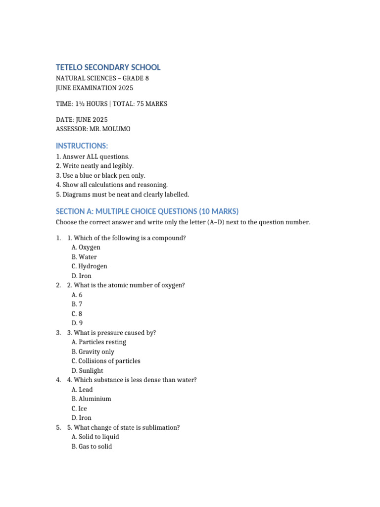Grade 8 Natural Sciences Exam 2025 | PDF