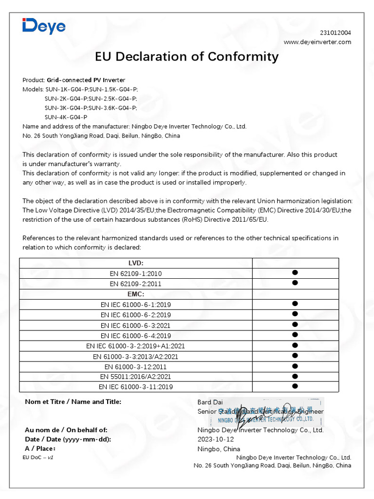 EU Declaration of Conformity for Inverters | PDF | Power Inverter ...