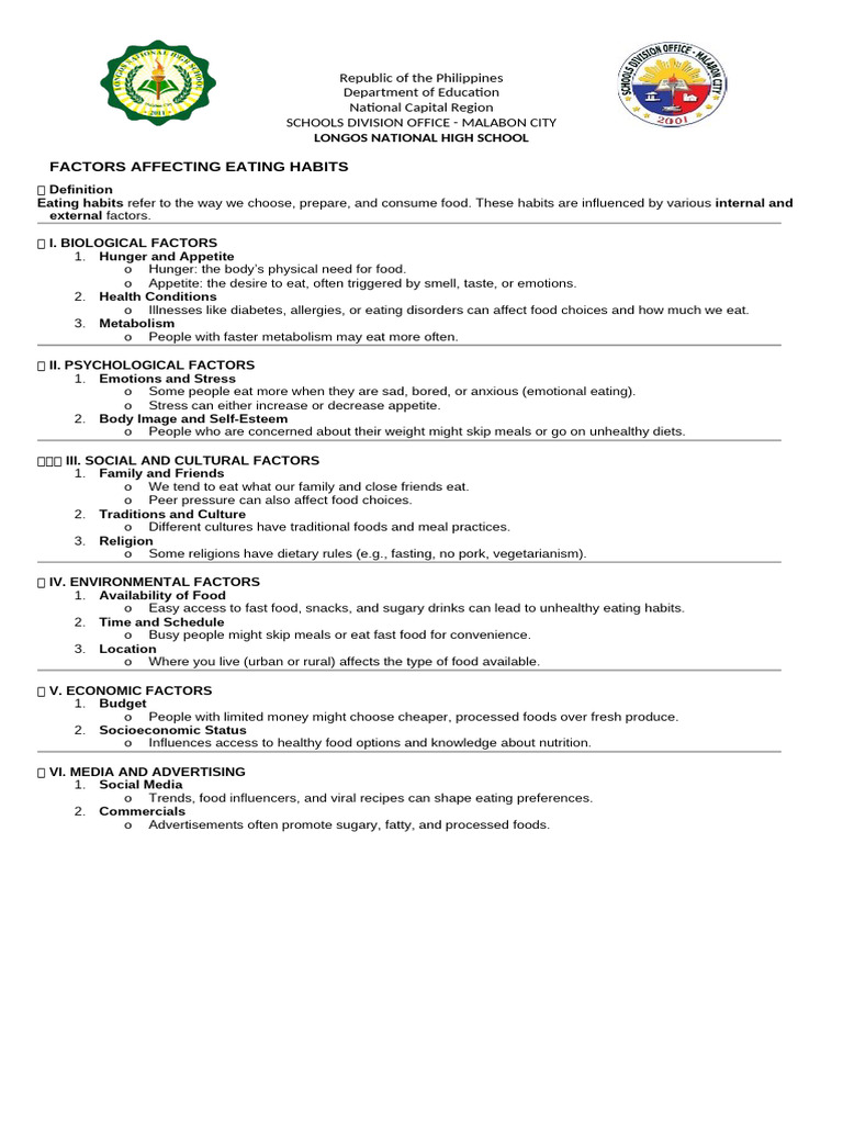 1st Q Factors Affecting Eating Habits Reviewer | PDF | Eating | Healthy ...