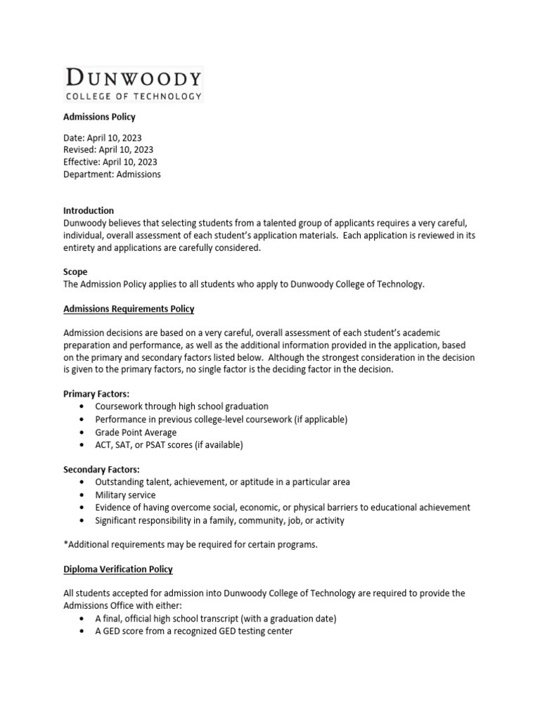 Dunwoody Admissions Overview and Requirements | PDF | General ...