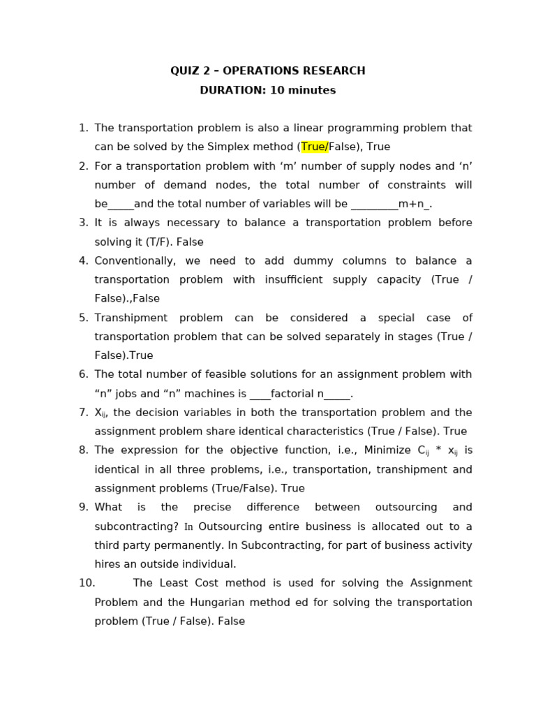 Quiz 2: Operations Research Answers | PDF