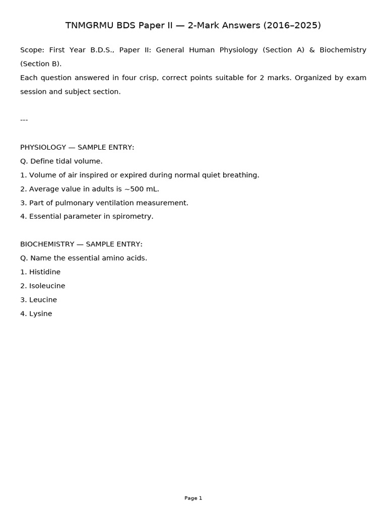 TNMGRMU BDS 2mark 2016 2025 | PDF