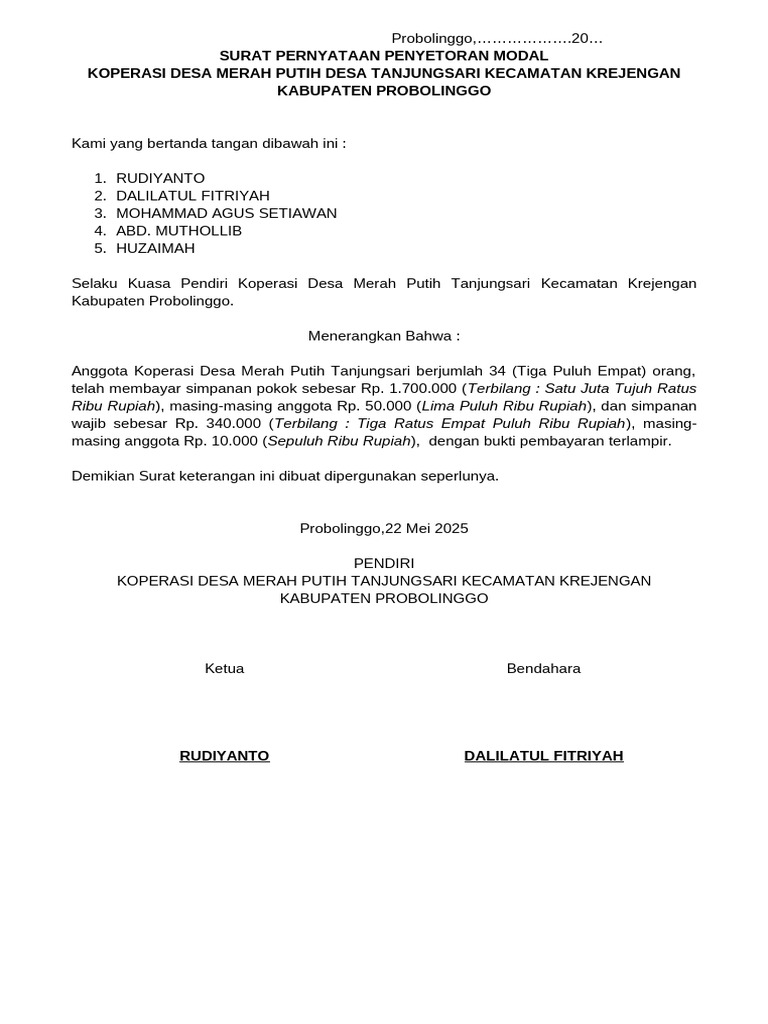 Surat Pernyataan Penyetoran Modal Tanjungsari | PDF