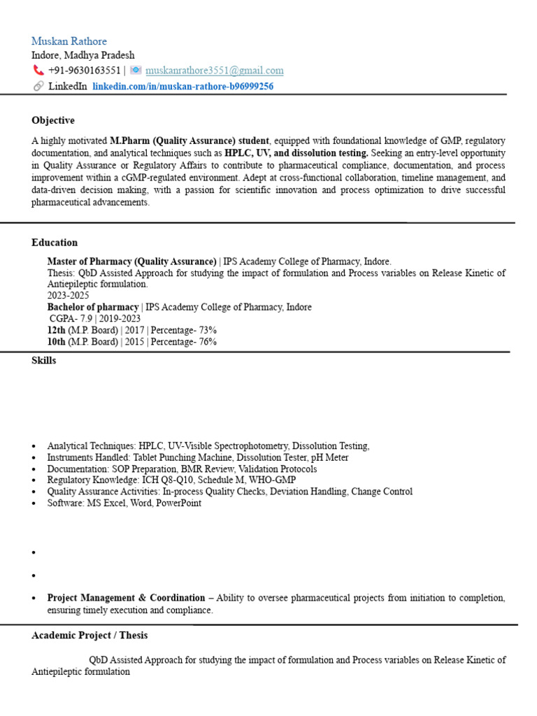 Muskan Rathore: M.Pharm Quality Assurance | PDF | Pharmaceutical ...