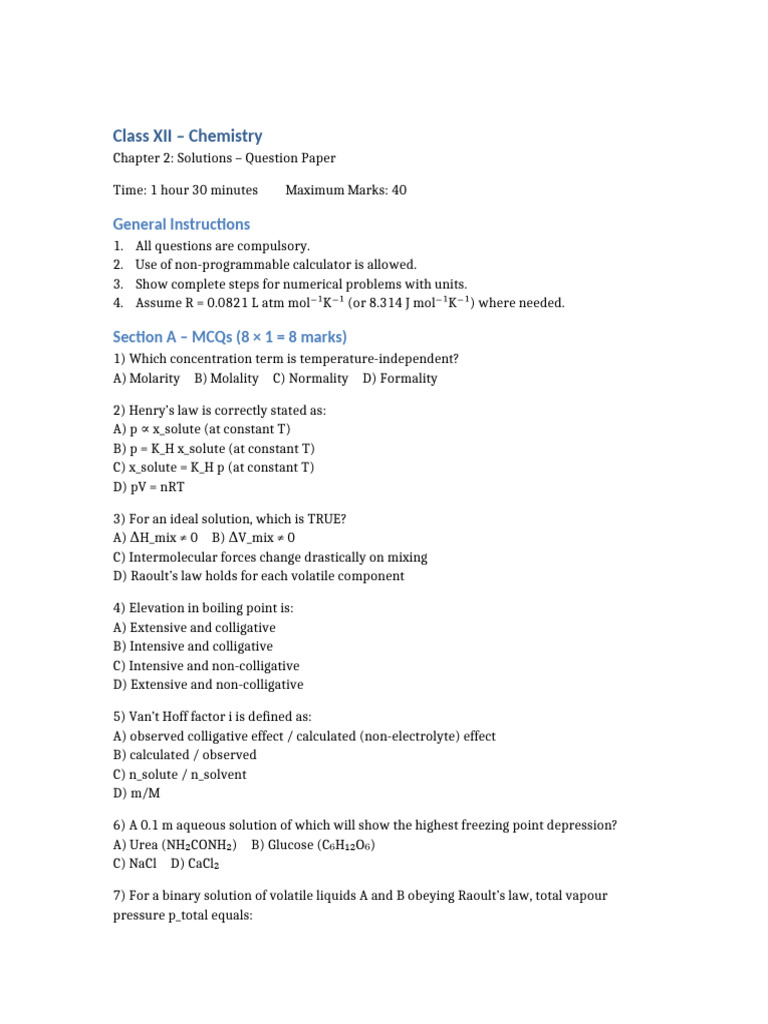 Class XII Chemistry Solutions Question Paper | PDF | Chemistry ...