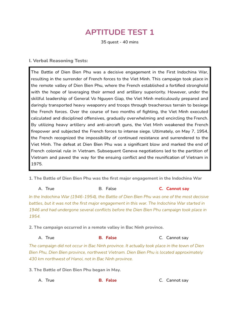 Aptitude Test: Verbal & Logical Reasoning | PDF | Mail | French Indochina