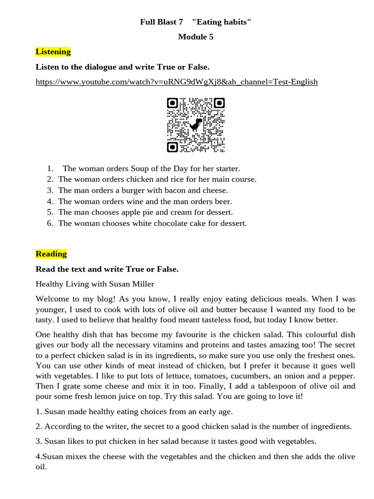 Full Blast 7: Eating Habits Module | PDF | Salad | Desserts