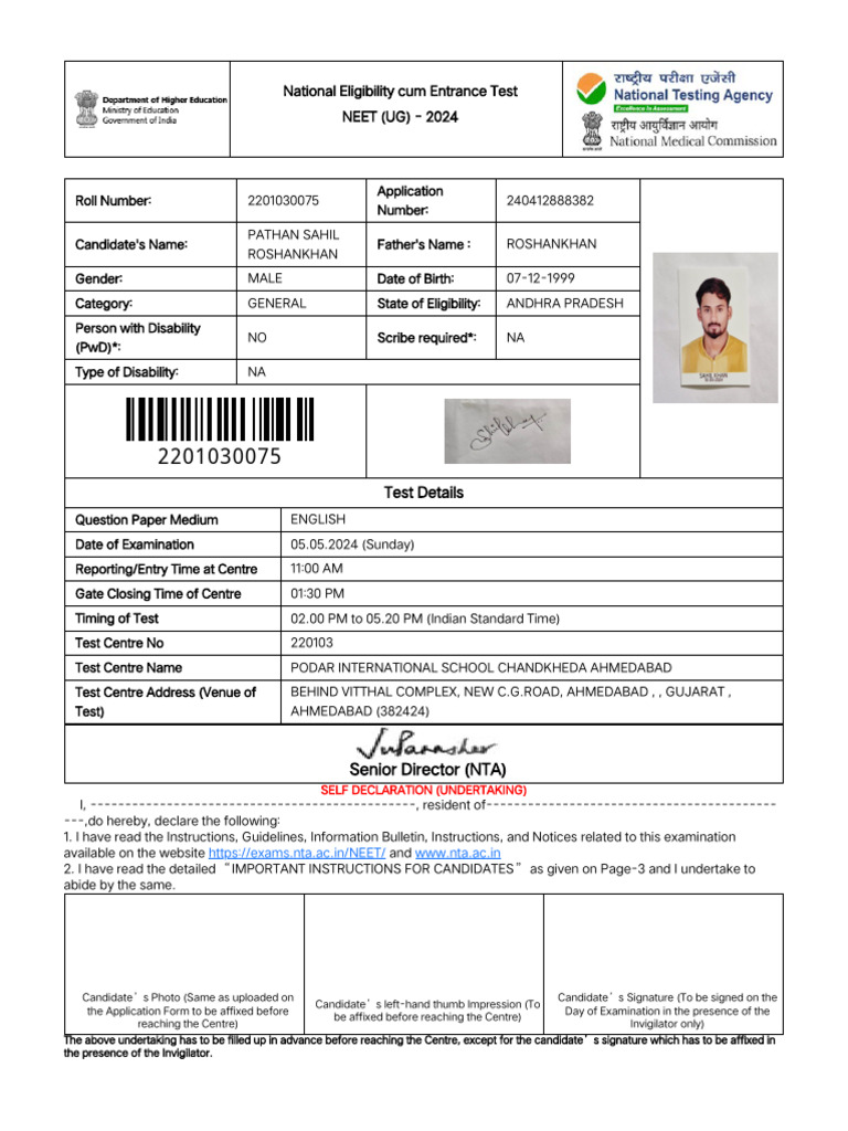 NEET UG 2024 Admit Card Details | PDF | Identity Document