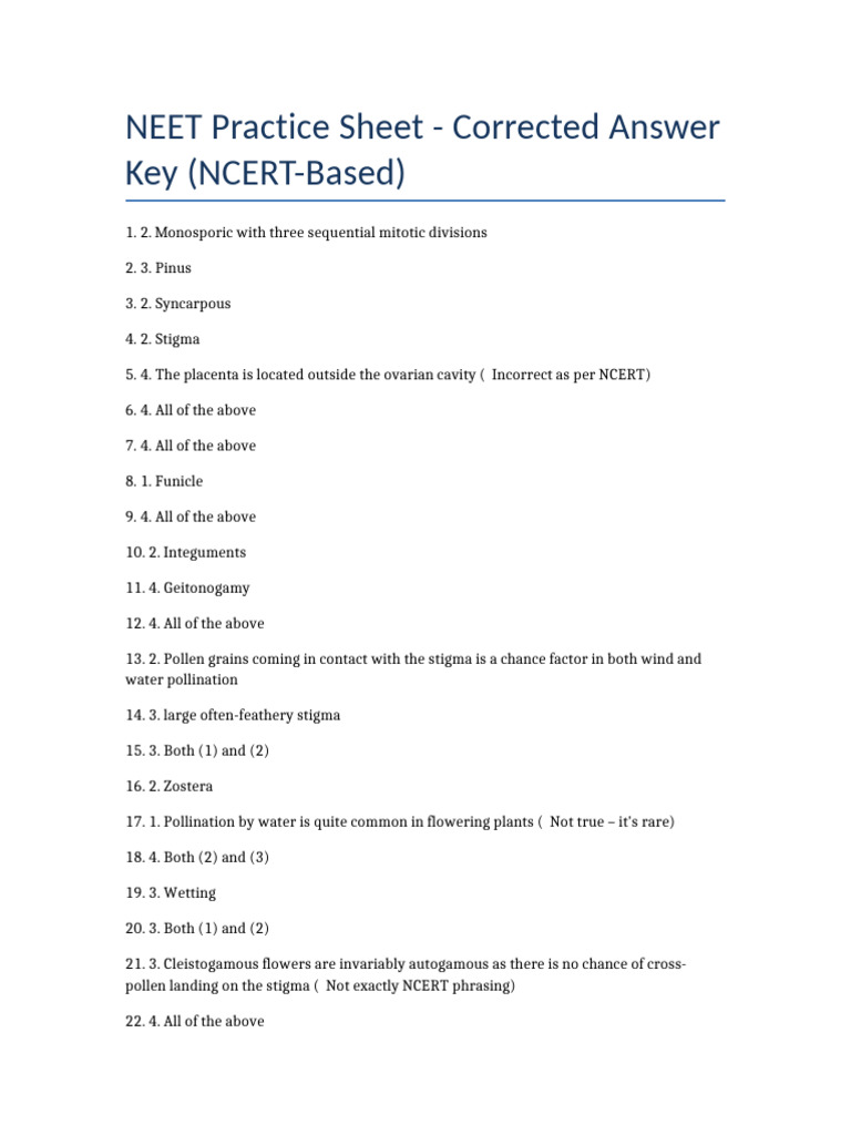 NEET Practice Sheet with Answer Key | PDF