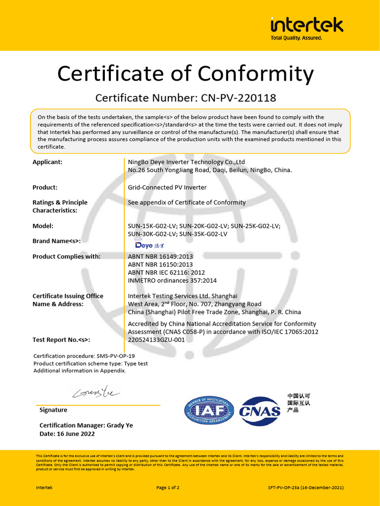 Intertek Certificate for PV Inverters | PDF | Electricity | Electrical ...