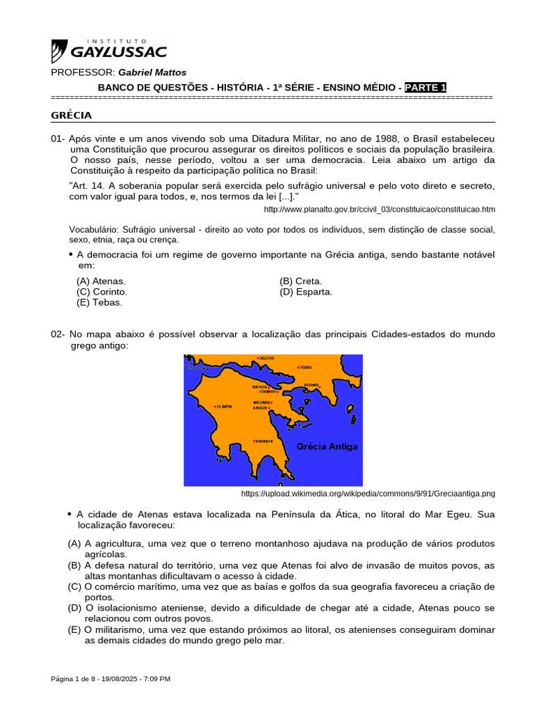 Questões sobre a Grécia Antiga para Ensino Médio | PDF | Esparta ...