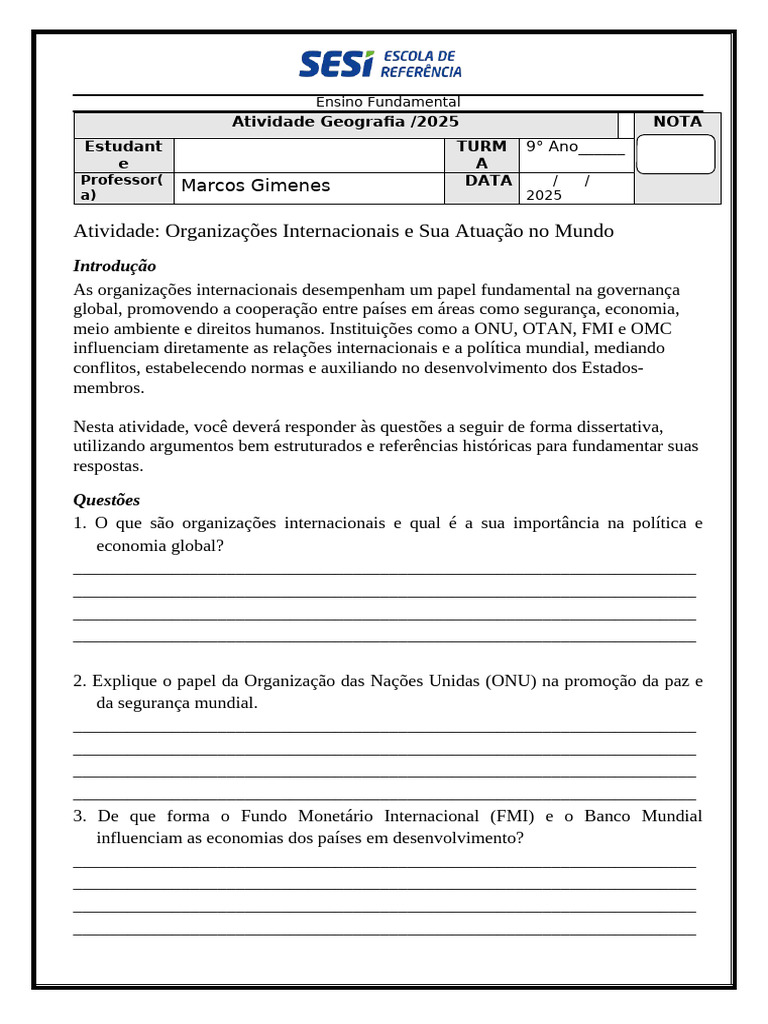 Atividade sobre Organizações Internacionais | PDF | Nações Unidas ...